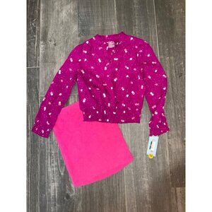 Girls Cat & Jack Long-Sleeve Floral Top & Pink Fuzzy Skirt Set M 8